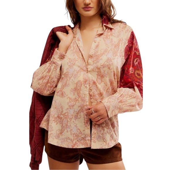 Free People Rose Bud Paisley Button Down Shirt Cotton Long Sleeve Blouse M NWT - Picture 1 of 16